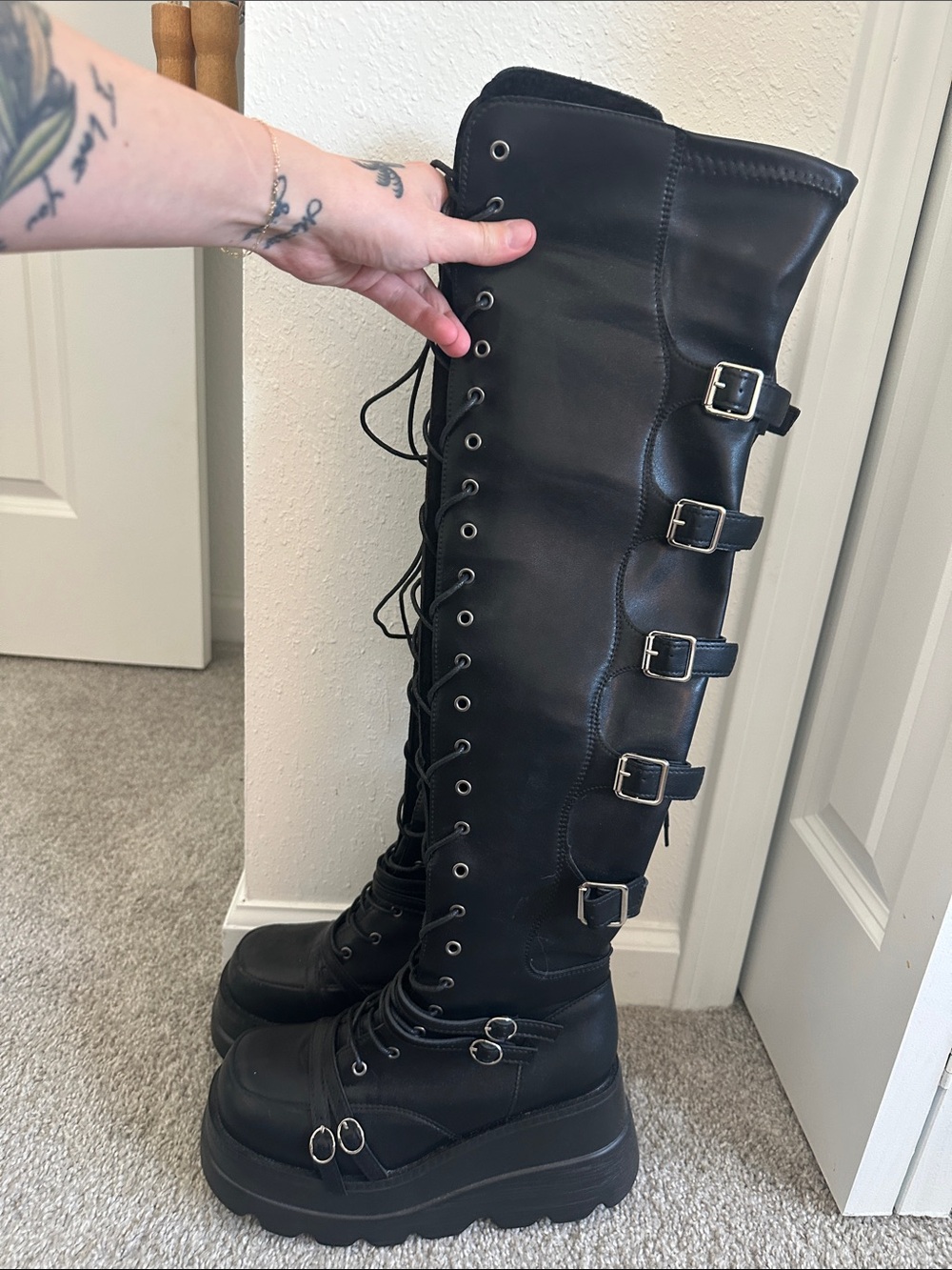 Black Over-the-Knee Lace-Up Platform Boots with Buckles